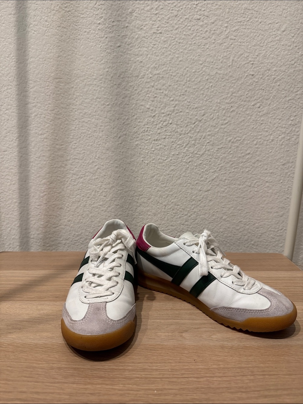 Gola White Sneakers with Dark Green Stripes and Pink Heel Tab